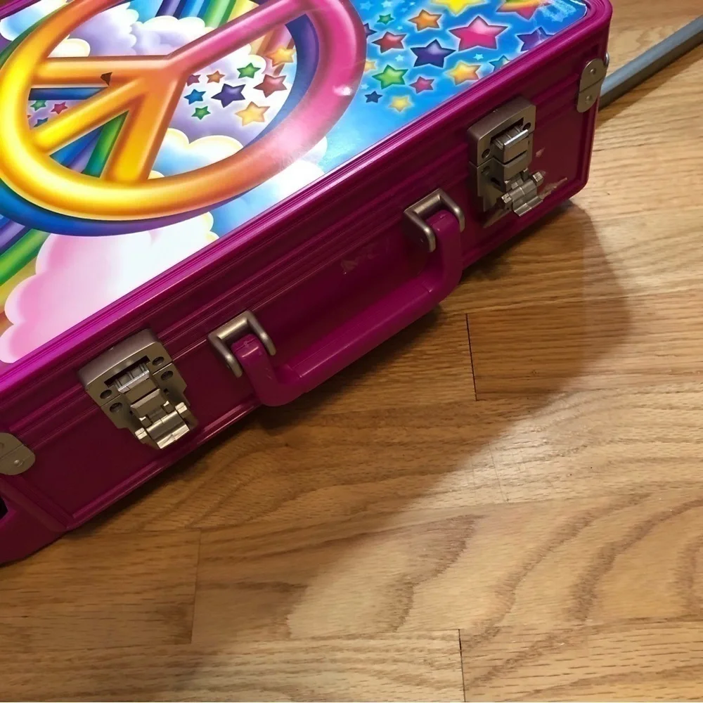 Vintage Lisa Frank Rolling Luggage Peace Sign Handle Purple Pink Rainbow